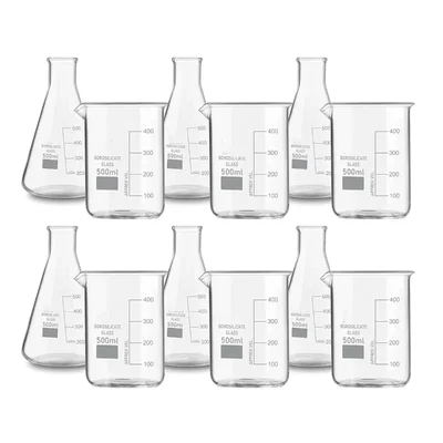 VVS 500ml Pack of 12 Borosilicate 3.3 Glass Chemistry Lab Beaker & Conical Flask Set