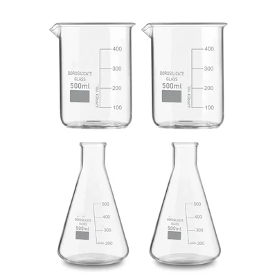 VVS 500ml Pack of 4 Borosilicate 3.3 Glass Chemistry Lab Beaker & Conical Flask Set