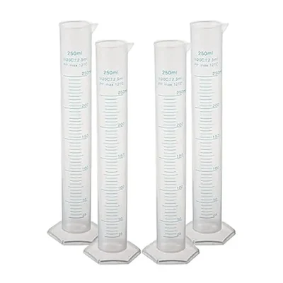 VVS 250ml Set of 4 Scientific Plastic Measuring Cylinder Lab Polypropylene Hexagonal Base Blue Printed Graduation
