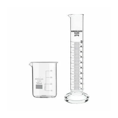 VVS 50ml Borosilicate 3.3 Glass Scientific Beaker & 50ml Round Base Cylinder Laboratory Clear Scale Tapered Pour Spout