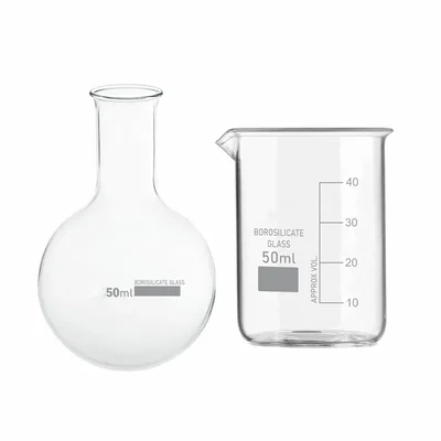 VVS 50ml Set of 2 Borosilicate 3.3 Glass Measuring Beaker & Round Bottom Boiling Flask Chemistry Laboratory