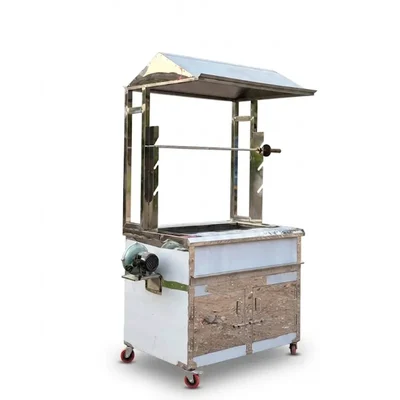 Charcoal Shawarma Machine with Prep Table, Heavy-Duty Electric Blower, Rotator & Storage Cabinet