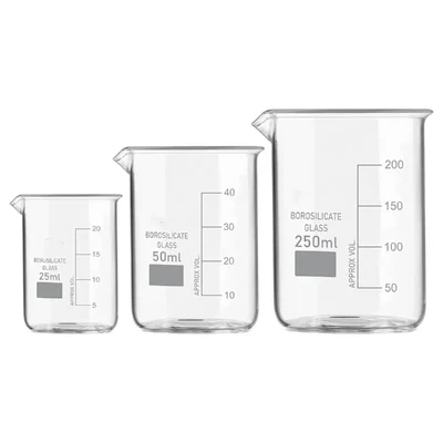 VVS GG-17 Borosilicate 3.3 Glass Beaker 25ml 50ml 250ml Pack of 3 Chemistry Lab Set