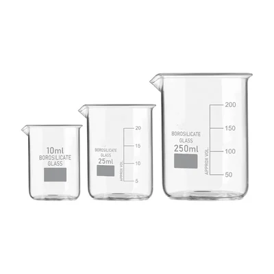 VVS 10ml 25ml 250ml Set of 3 Borosilicate 3.3 Glass Beaker with Graduation Marks For Chemistry Lab