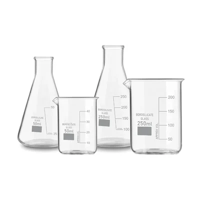 VVS Borosilicate 3.3 Glass Combo 50 ml 250 ml Set of 4 Beaker Conical Flask Graduation Marks Laboratory Glassware