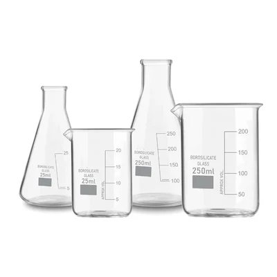VVS Borosilicate 3.3 Glass Combo 25 ml 250 ml Set of 4 Beaker Conical Flask Graduation Marks Laboratory Glassware