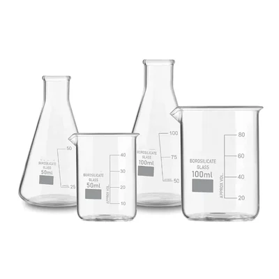 VVS Borosilicate 3.3 Glass Combo 50 ml 100 ml Set of 4 Beaker Conical Flask Graduation Marks Laboratory Glassware