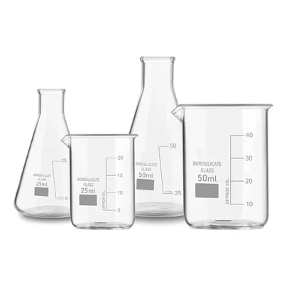 VVS Borosilicate 3.3 Glass Combo 25ml 50ml Set of 4 Beaker Conical Flask Graduation Marks Laboratory Glassware