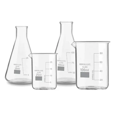 VVS 3.3 Borosilicate Glass Combo 25ml 100ml Set of 4 Beaker Conical Flask Graduation Marks Flat Bottom Laboratory Glassware