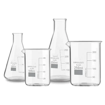 VVS Borosilicate 3.3 Glass Set of 4 Combo (250 ml, 100 ml) Lab Beaker & Conical Flask with Graduation Marks