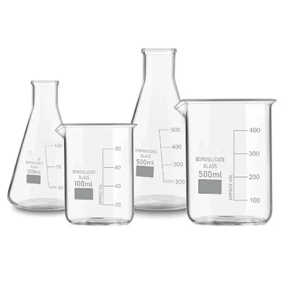 VVS Borosilicate 3.3 Glass Lab Set: 100ml & 500ml Beakers & Conical Flasks with Graduation Marks - Pack of 4