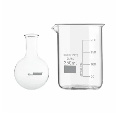 VVS Borosilicate 3.3 Glass 250ml Beaker & 50ml Round Bottom Boiling Flask Set (2 Pcs) for School & Lab