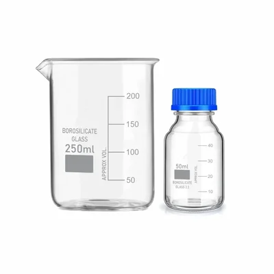 VVS 250ml & 50ml Borosilicate 3.3 Pack of 2 Chemistry Lab Measuring Beaker & Reagent Bottle Blue Screw Cap