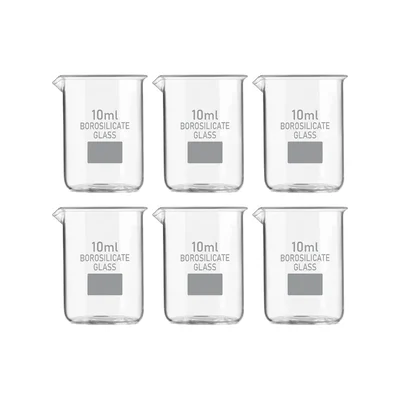 VVS 10ml Borosilicate 3.3 Glass Pack of 6 Chemistry Lab Beakers Graduation Marks Flat Bottom