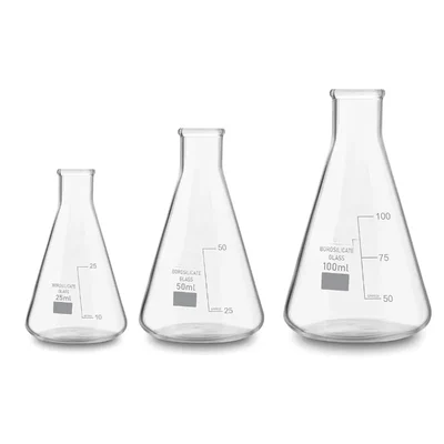 VVS 25ml, 50ml & 100ml Borosilicate 3.3 Set of 3 Chemistry Lab Glass Conical Flask Graduation Marks Flat Bottom