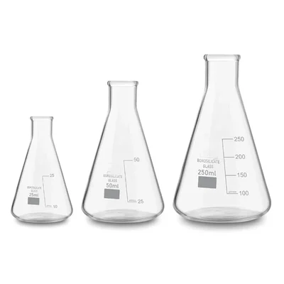 VVS 25ml, 50ml & 250ml Borosilicate 3.3 Set of 3 Chemistry Lab Glass Conical Flask Graduation Marks Clear