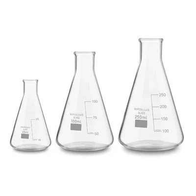 VVS 25ml, 100ml & 250ml Borosilicate 3.3 Set of 3 Chemistry Lab Glass Conical Flask Graduation Marks Clear