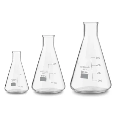 VVS 25ml, 100ml & 500ml Borosilicate 3.3 Set of 3 Chemistry Lab Glass Conical Flask Graduation Marks Clear