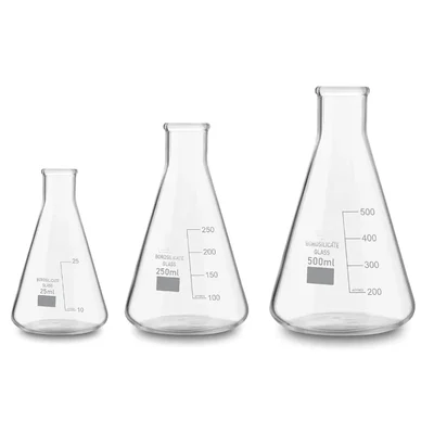 VVS 25ml, 250ml & 500ml Borosilicate 3.3 Set of 3 Chemistry Lab Glass Conical Flask Graduation Marks Flat Bottom