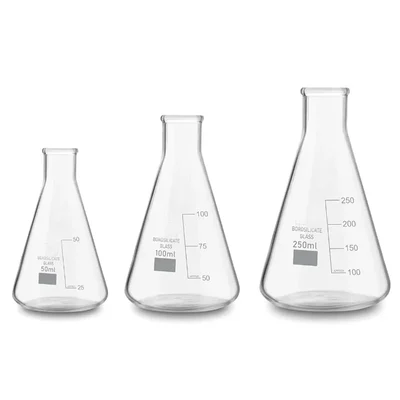VVS 50ml, 100ml & 250ml Borosilicate 3.3 Set of 3 Chemistry Lab Glass Conical Flask Graduation Marks Flat Bottom