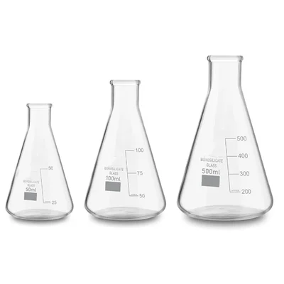 VVS 50ml, 100ml & 500ml Borosilicate 3.3 Set of 3 Chemistry Lab Glass Conical Flask Graduation Marks Flat Bottom