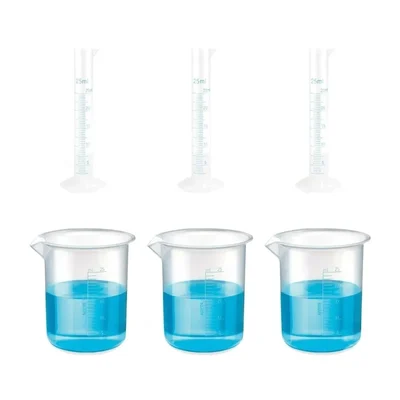 VVS 25ml Polypropylene Set of 6 Chemistry Lab Plastic Cylinder & Beaker Combo Blue Printed