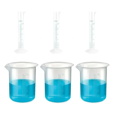 VVS 25ml & 50ml Polypropylene Set of 6 Chemistry Lab Plastic Cylinder & Beaker Combo Blue Printed