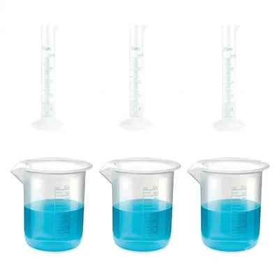 VVS 25ml & 100ml Polypropylene Set of 6 Chemistry Lab Plastic Cylinder & Beaker Combo Blue Printed