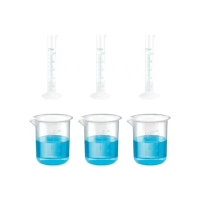 VVS 25ml & 250ml Polypropylene Set of 6 Chemistry Lab Plastic Cylinder & Beaker Combo Blue Printed