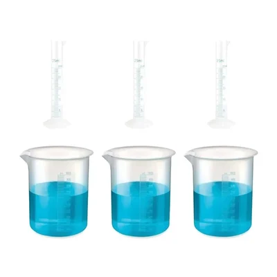 VVS 25ml & 1000ml Polypropylene Set of 6 Chemistry Lab Plastic Cylinder & Beaker Combo Blue Printed
