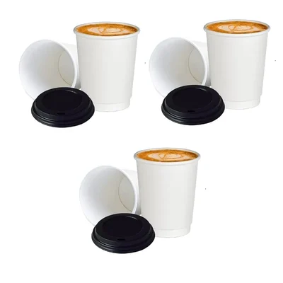 210ml Disposable White Double Wall Paper Cups 500 Pcs Heat Resistant Insulated Cup with Black Lid for Coffee, Cold Drink