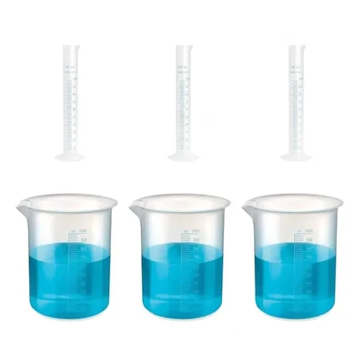 VVS 3 Measuring Cylinder 100ml & 3 Beaker 1000ml Combo | Polypropylene Blue Printed Graduation Lab Set