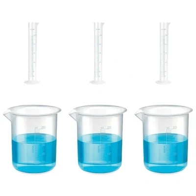 VVS 3 Measuring Cylinder 250ml & 3 Beaker 250ml Combo | Polypropylene Blue Printed Graduation Lab Set
