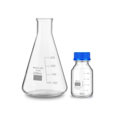 VVS Borosilicate Glass Conical 250ml & Reagent Bottle 25ml Set | 2-Pack Blue Screw Cap for Lab