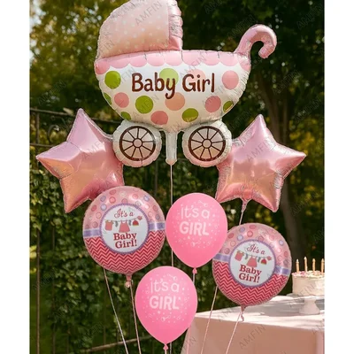 Pack of 3 x 7Pcs Kit of Pink Baby Shower Decoration Items, Girl Baby Arrival Welcome Foil Balloon for Maternity Shoot