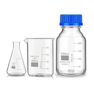 VVS Borosilicate Glass Flask 25ml, Beaker 100ml & Reagent Bottle 250ml Pack of 3 Lab Set