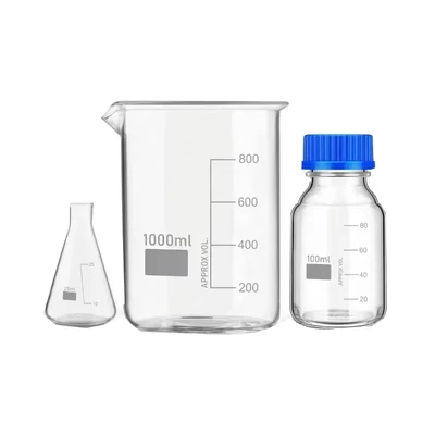 VVS 3.3 Borosilicate 25ml Flask 1000ml Beaker & 100ml Bottle Pack of 3 Graduated Leakproof for Lab