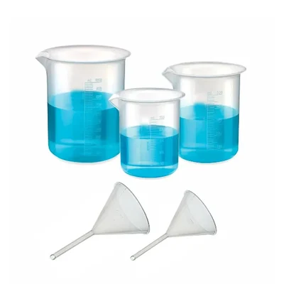 VVS Polypropylene Beaker 250ml 500ml 1000ml & Funnel 50mm 100mm Pack of 5 Flat Bottom Set for Lab