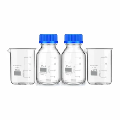 VVS 25ml Measuring Beaker & 25ml Reagent Bottle pack of 4 Chemical Lab Leak Proof