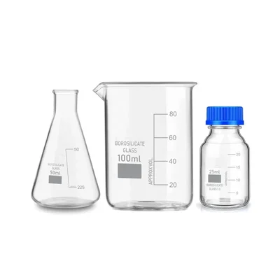 VVS Conical Flask 50ml Beaker 100ml & Reagent Bottle 25ml Pack of 3 for Lab Borosilicate Glass Leakproof