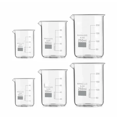 VVS Borosilicate 3.3 Glass Beakers 50ml 100ml & 250ml Pack of 6 for School Chemistry Lab Graduation Marks