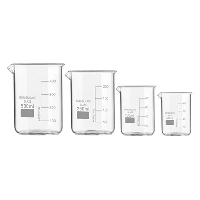 VVS Borosilicate 3.3 Glass Beakers Set 50ml 100ml 250ml 500ml Pack of 4 for Chemistry Lab Low Form Spout