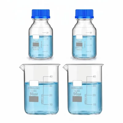 VVS Borosilicate Glass Reagent Bottle & Beaker Set Pack of 4 Leak Proof Cap