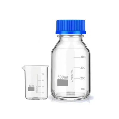 VVS Borosilicate Glass Beaker 50ml Reagent Bottle 500ml Blue Screw Cap Set 2 School Lab