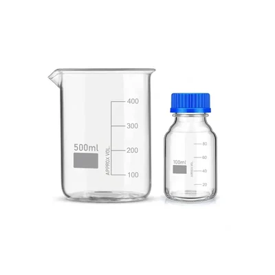 VVS Borosilicate Glass Beaker 500ml Reagent Bottle 100ml Blue Screw Cap Pack 2 Lab