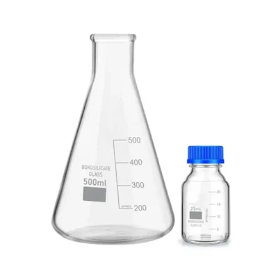 VVS Borosilicate Glass Conical 500ml Reagent Bottle 25ml Blue Cap Pack 2 School Lab