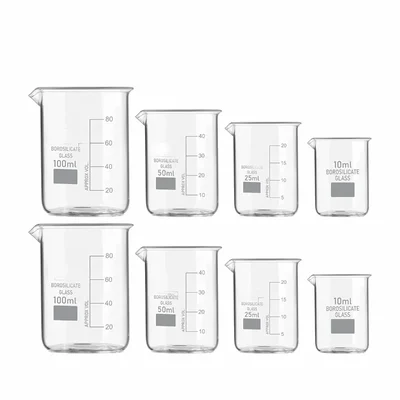 VVS High Quality Borosilicate 3.3 Glass Beakers 10ml 25ml 50ml 100ml Pack of 8 Pieces for Chemistry Lab