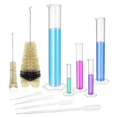 VVS Plastic Measuring Cylinder Set 5pcs 10ml to 250ml with 4 Pipettes 3ml & 2 Brushes for School Chemistry Lab