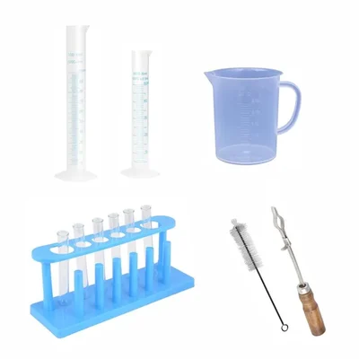 VVS Kit Pack of 12 Lab Products Plastic Jug 250ml Cylinder 50ml 100ml Stand Holder Brush Test Tubes 15X125MM
