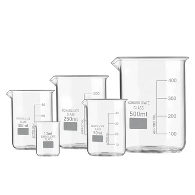VVS Borosilicate 3.3 Glass Beaker 10ml 50ml 100ml 250ml 500ml Set of 5 for School Chemistry Lab